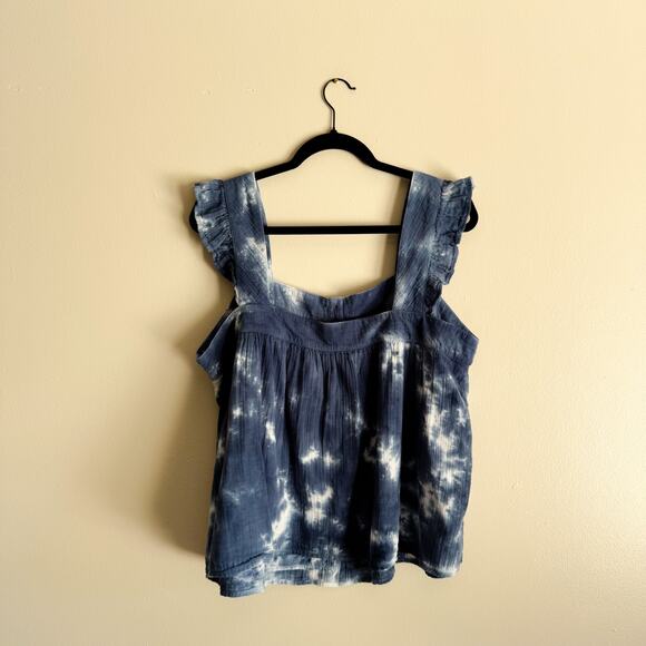 True Craft Blue + White Tie Dye Square Neck Ruffle Sleeve Tank Top - 1X - Picture 7 of 9